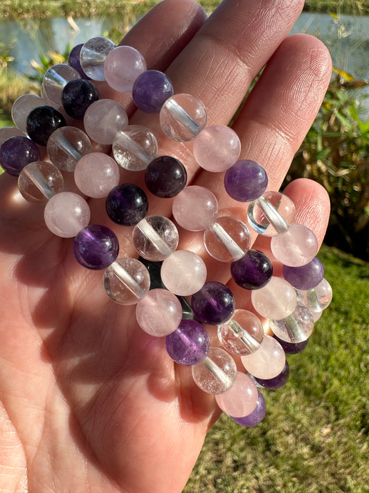 Amethyst Rose Quartz And Clear Quartz Bracelet