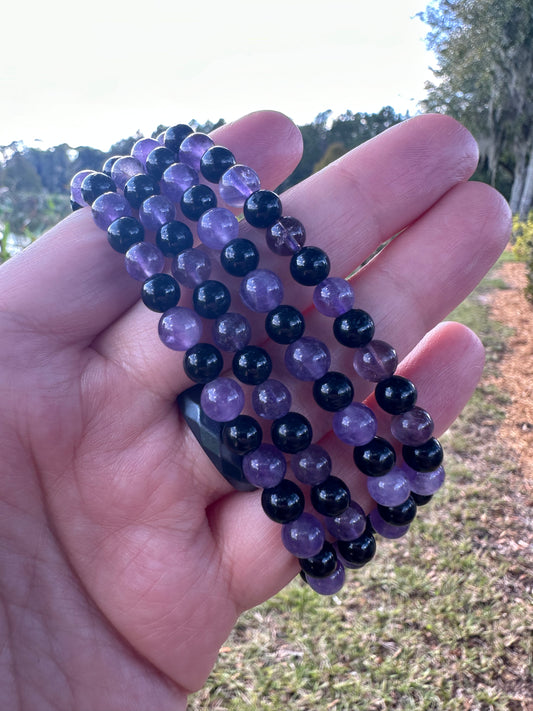 Amethyst with Black Tourmaline Bracelet 6mm