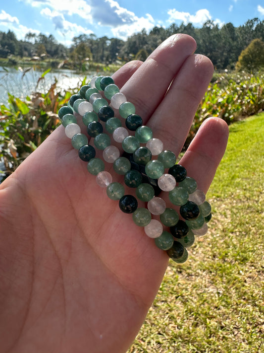 Rose Quartz Green Aventurine And Moss Agate Bracelet 6mm