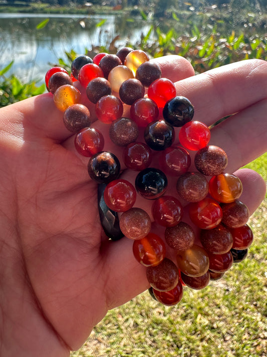 Carnelian, Red Tigers Eye, And Goldstone Bracelet