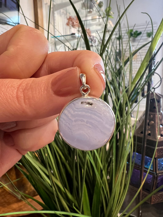 Blue Lace Agate Pendant Set In Sterling Silver