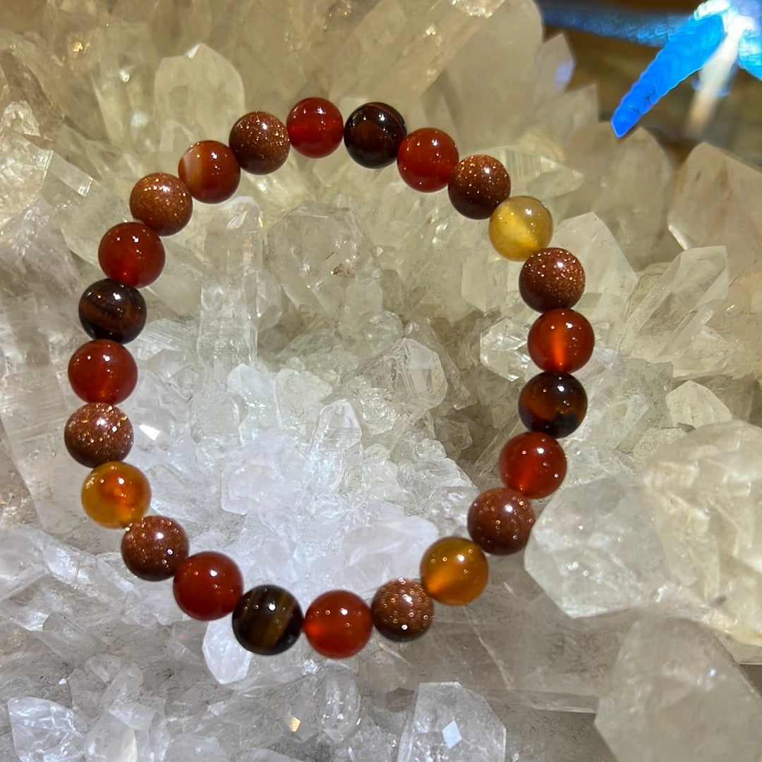 Carnelian, Red Tigers Eye, And Goldstone Bracelet